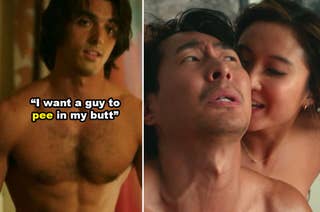 Two various intimate scenes, one of Taylor Zakhar Perez in the show 