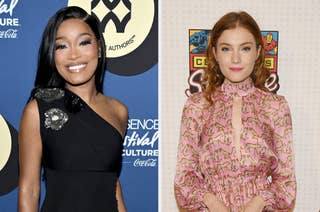 Two women at an event; one in a black one-shoulder dress with floral details, the other in a patterned long-sleeve dress