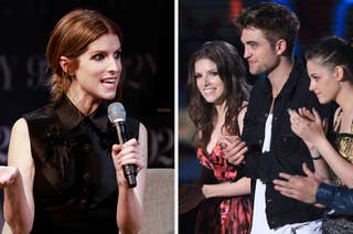 Anna Kendrick speaks on stage; Anna Kendrick, Robert Pattinson, and Kristen Stewart hold hands at an event