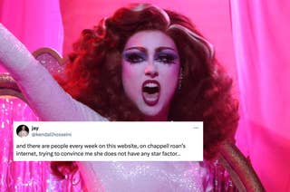 Drag performer, in glamorous outfit, singing passionately on stage. Tweet text: People denying her star power on Chappell Roan's internet