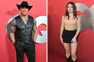 Two individuals on a red carpet: one in a formal black suit, the other in a strapless beige top with a black mini skirt and knee-high boots