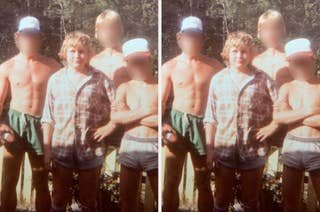 I don't know who the people are in this photo. Three shirtless men and one person in a plaid shirt and shorts pose outside in a wooded area. Faces are blurred