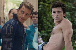 Two scenes from a movie or TV show featuring a man in a blue jacket on the left and a shirtless man outdoors on the right
