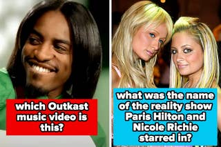 Two women posing together beside a question: what was the reality show they starred in? Right: a blurred image of a celebrity dress on the red carpet