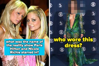 Two women posing together beside a question: what was the reality show they starred in? Right: a blurred image of a celebrity dress on the red carpet