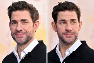 Two images side by side: a man in a formal jacket with a beard, and the same man clean-shaven in a blue shirt, looking to the side