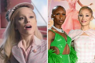Two images side by side: On the left, Ariana Grande at the Wicked premiere; on the right, Ariana as Glinda in Wicked