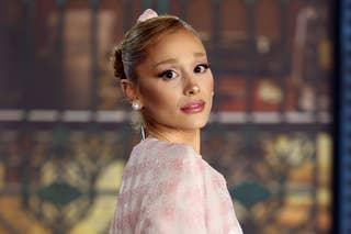 Two images side by side: On the left, Ariana Grande at the Wicked premiere; on the right, Ariana as Glinda in Wicked
