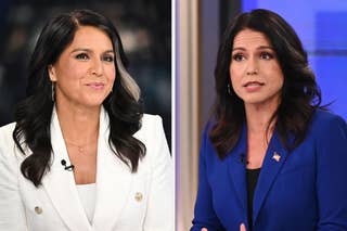 Tulsi and Trump A red arrow points to the person on the left with bold text overlay