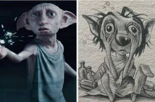 Dobby the house elf in the Harry Potter films alongside an illustration of Winky the house elf in the books