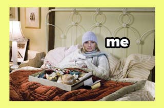 Person in bed wearing a hat and scarf, with a breakfast tray. Large text says