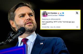 A person in a suit at a microphone, with a tweet inset questioning 