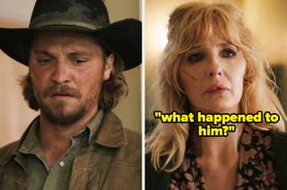 Split image: Kayce from Yellowstone with a cowboy hat looks concerned; Beth from Yellowstone with messy hair asks, 