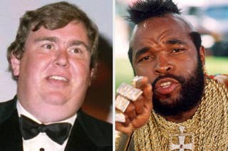 Two men side by side: one in a tuxedo, the other with a beard, wearing large gold jewelry and rings