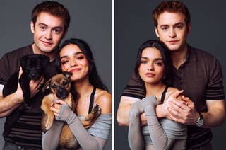 Kit Connor and Rachel Zegler posing for photos with puppies