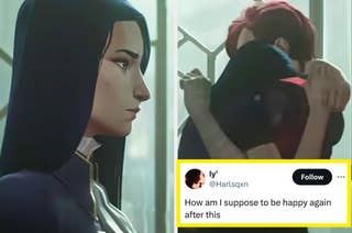 Cait and Vi embrace in a scene from 