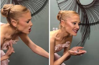 Ariana Grande gestures emphatically in a comical TikTok video to someone offscreen