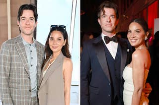 Two images of a couple. Left: Casual, with sunglasses; woman in sleeveless beige top, man in plaid blazer. Right: Formal, woman in strapless gown, man in tuxedo