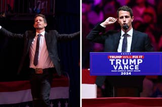 Two images showing a man in a suit at a political rally; in one he poses with arms out, in the other he speaks at a podium with a campaign sign