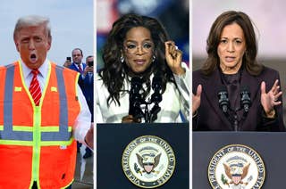 Three people are shown: a man in a hi-vis vest, a woman in a white suit at a podium, and another woman speaking at a podium