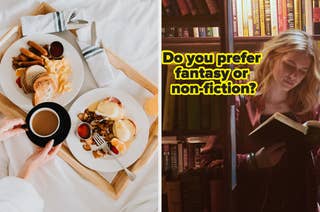 Breakfast tray with coffee, toast, and eggs; person reading a book in a library, text asks,