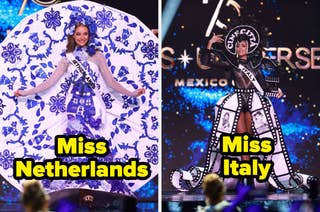 Miss Netherlands in blue and white dress with Dutch porcelain design; Miss Italy in elaborate film-themed gown with reel and clapboard details