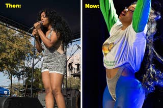 SZA performs onstage in overalls vs SZA performs in a sporty outfit with her arms raised