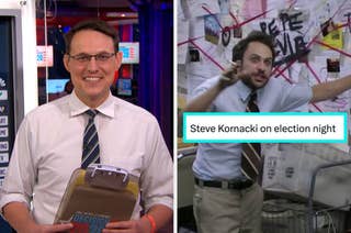 Steve Kornacki in news studio holding clipboard; meme shows Charlie Kelly with conspiracy board behind him. Text: 
