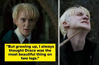 Split image of Draco Malfoy: left, angry expression; right, distressed with wand on neck. Caption: