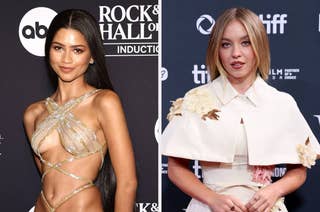 Two celebrities on red carpet; left wears a strappy gown, right wears a floral cape and dress